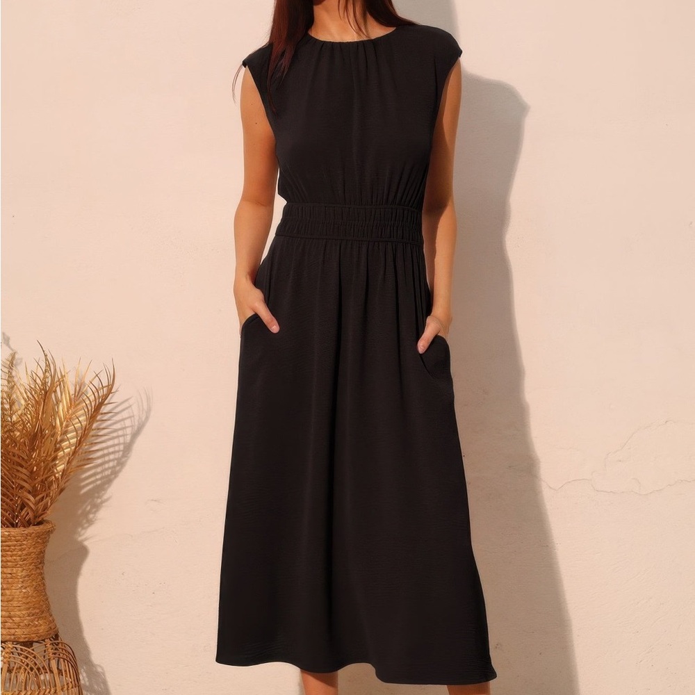Matte Crepe Ruched Elastic Midi Dress